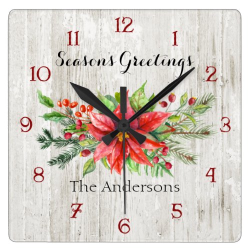Watercolor Christmas Flowers on Rustic Wood Square Wall Clock