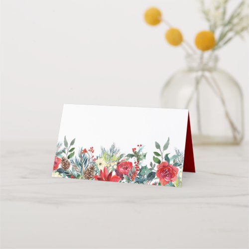 Watercolor Christmas Flowers  Pine Cones Garland Place Card