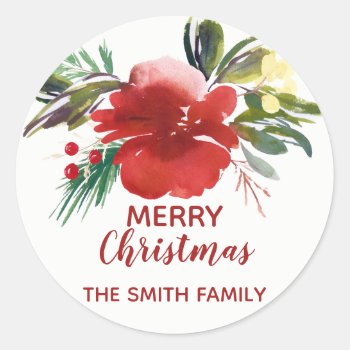 Watercolor Christmas Flowers Round Sticker by NoteworthyPrintables at Zazzle