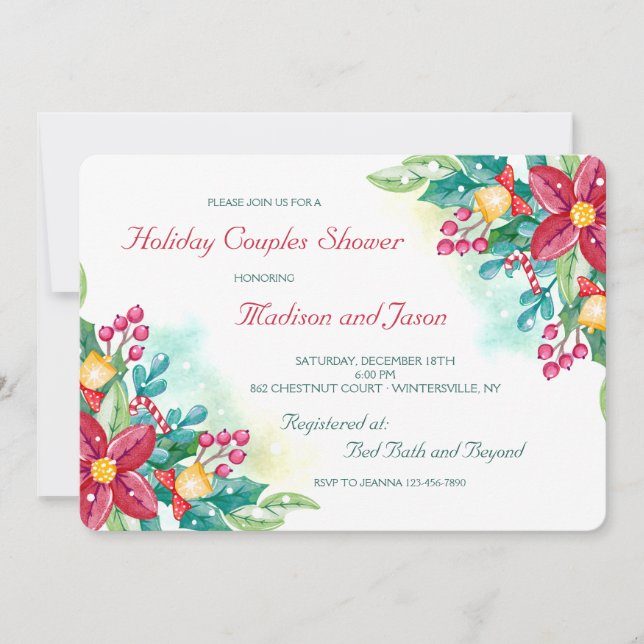 Watercolor Christmas Flowers Shower Invitation (Front)