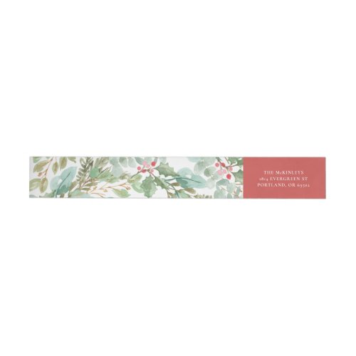 Watercolor Christmas Foliage and Berry Pattern Wrap Around Label