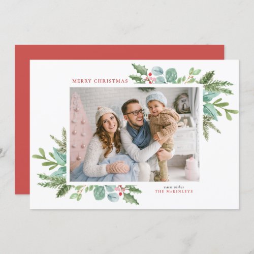 Watercolor Christmas Foliage and Holly Photo Holiday Card