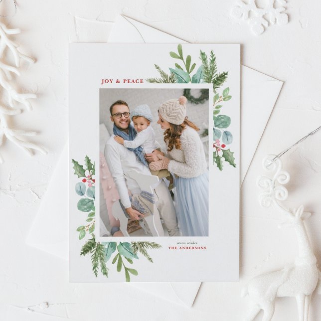 Watercolor Christmas Foliage Frame Holiday Photo (Customizable photo Christmas postcard featuring watercolor frame of winter greenery and winterberry)