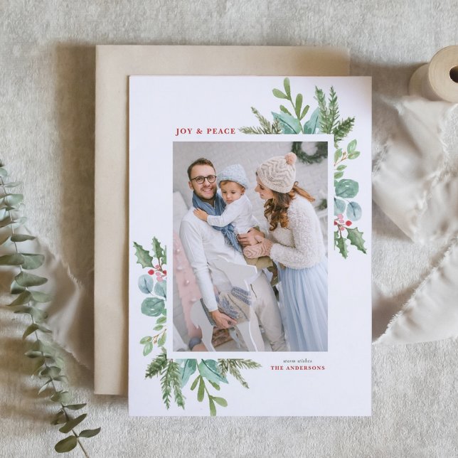Watercolor Christmas Foliage Frame Photo Holiday Card (Customizable photo Christmas card featuring watercolor frame of winter greenery and winterberry)