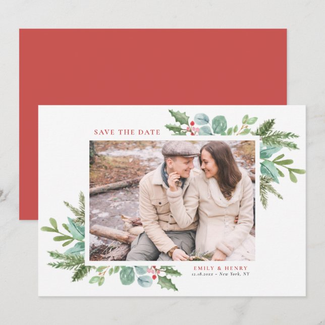 Watercolor Christmas Foliage Frame Photo Save The Date (Front/Back)