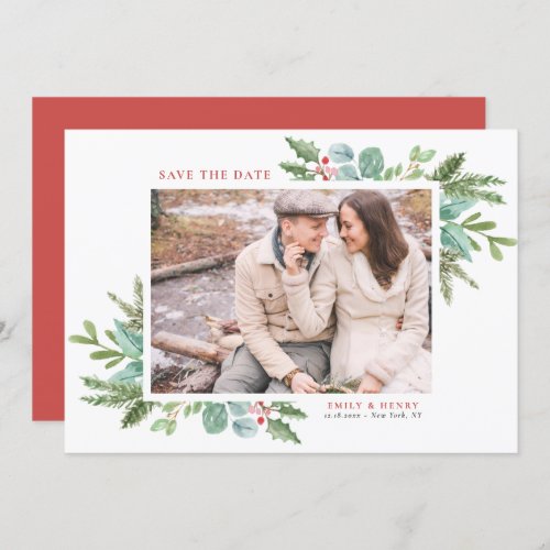 Watercolor Christmas Foliage Frame Photo Save The Date