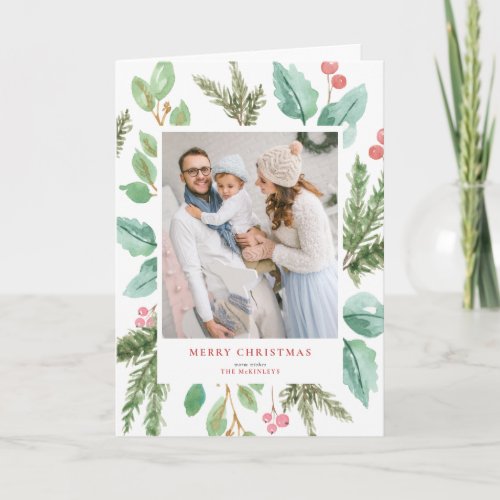 Watercolor Christmas Foliage  Holly Frame Photo Holiday Card