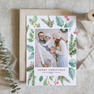 Watercolor Christmas Foliage & Holly Frame Photo Holiday Card