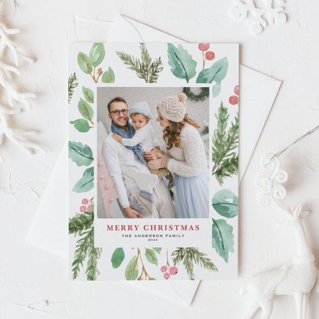 Watercolor Christmas Foliage & Holly Holiday Photo Postcard (Customizable photo Christmas postcard featuring watercolor frame of winter greenery and winterberry)