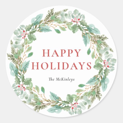 Watercolor Christmas Foliage  Holly Wreath Classic Round Sticker