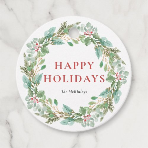 Watercolor Christmas Foliage  Holly Wreath Favor Tags