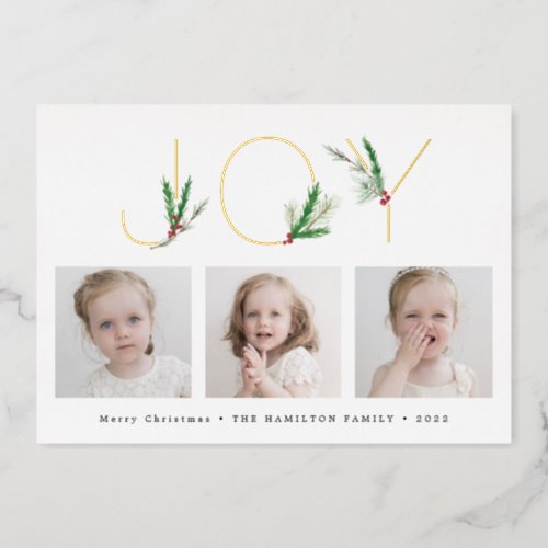 Watercolor Christmas Foliage Joy with Three Photos Foil Holiday Card