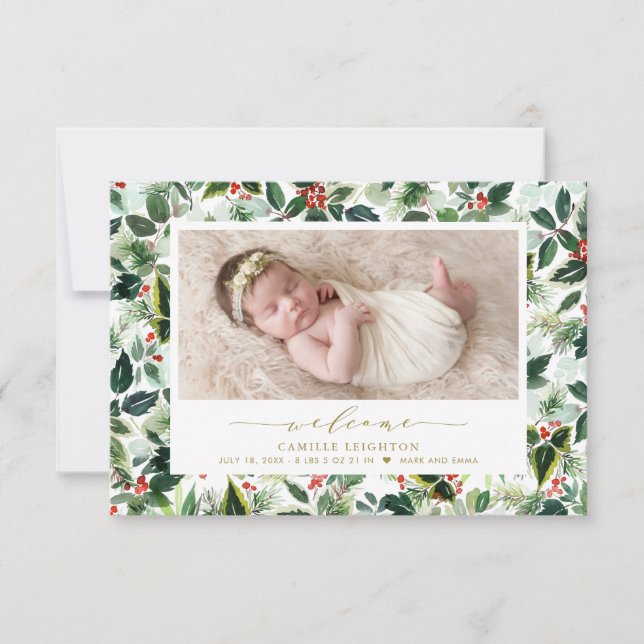Watercolor Christmas Foliage Pattern Photo Birth Announcement (Front)