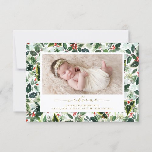 Watercolor Christmas Foliage Pattern Photo Birth Announcement