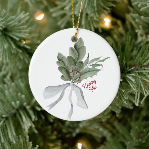 Watercolor Christmas Foliage Personalized Ceramic Ornament
