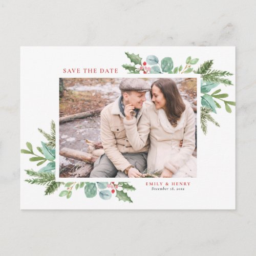 Watercolor Christmas Foliage Photo Save the Date Announcement Postcard