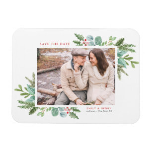 Watercolor Christmas Foliage Photo Save the Date Magnet