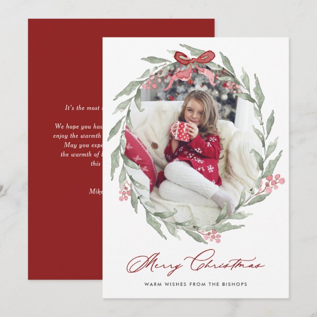 Watercolor Christmas Foliage Wreath Photo Holiday Card (Front/Back)