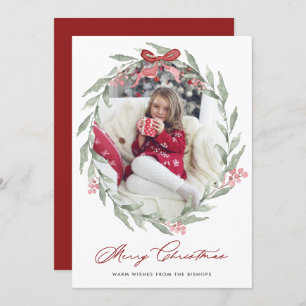 Watercolor Christmas Foliage Wreath Photo Holiday Card