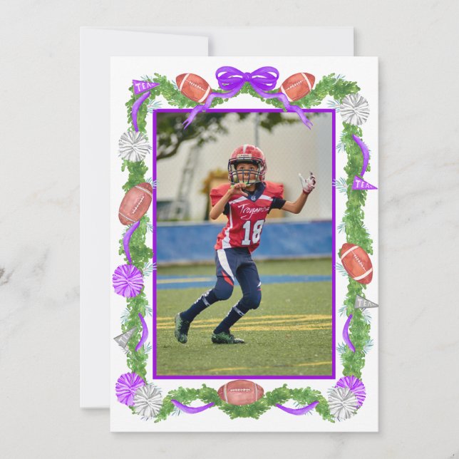 Watercolor Christmas Football Garland & Tree Photo Holiday Card (Front)