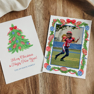 Watercolor Christmas Football Garland & Tree Photo Holiday Card