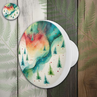 Watercolor Christmas Forest Holiday Tree Ceramic Knob