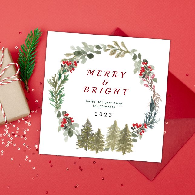 Watercolor Christmas Forest Merry and Bright Holiday Card (Creator Uploaded)