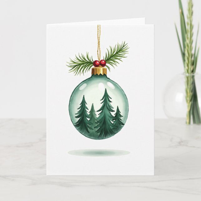 Watercolor Christmas Forest Ornament Card (Front)