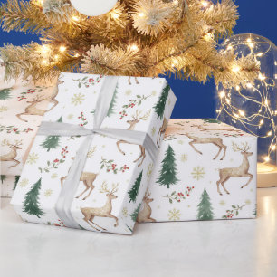 Watercolor Christmas Forest, Reindeer, Berries Wrapping Paper