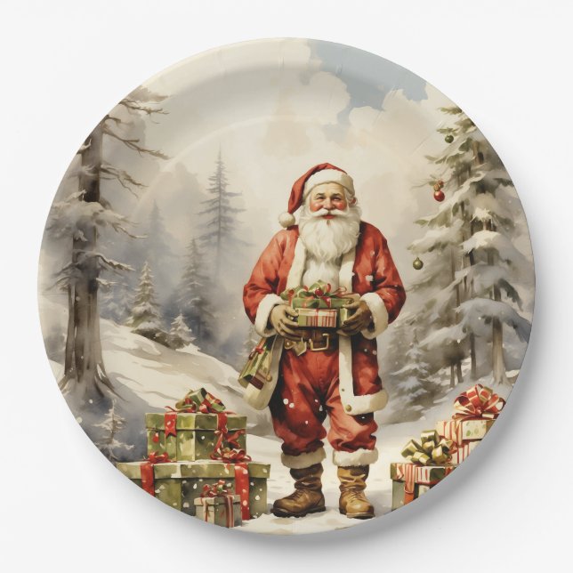 Watercolor Christmas Forest Santa with Presents Paper Plates (Front)
