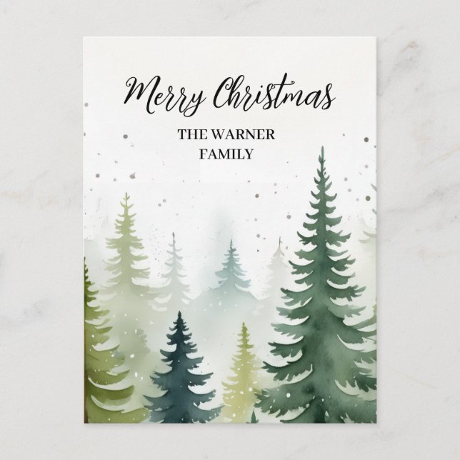 Watercolor Christmas Forest Trees Snowy Winter  Holiday Postcard (Front)