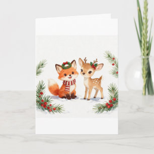 Watercolor Christmas Fox and Deer Card