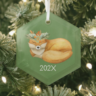 Watercolor Christmas Fox Keepsake Year Glass Ornament