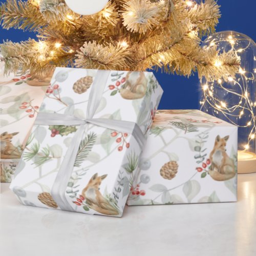 Watercolor Christmas Fox Pine Branches Berries Wrapping Paper