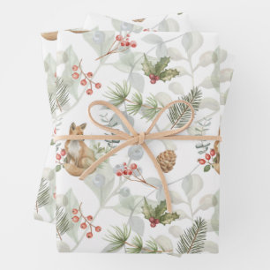 Watercolor Christmas Fox, Pine Branches, Berries Wrapping Paper Sheets