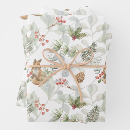 Watercolor Christmas Fox Pine Branches Berries  Wrapping Paper Sheets