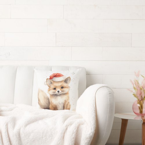 Watercolor Christmas Fox Throw Pillow