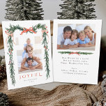 Watercolor Christmas Frame 2 Photo Red Joyful Holiday Card<br><div class="desc">This elegant photo holiday card features a watercolor pine branch frame (border) adorned with red ribbons,  holly berries,  and botanical greenery,  along with an additional photo and text on the back. Send Christmas cheer to family and friends.</div>