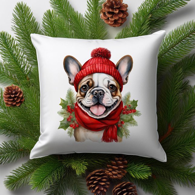 Watercolor Christmas French Bulldog  Throw Pillow (Creator Uploaded)
