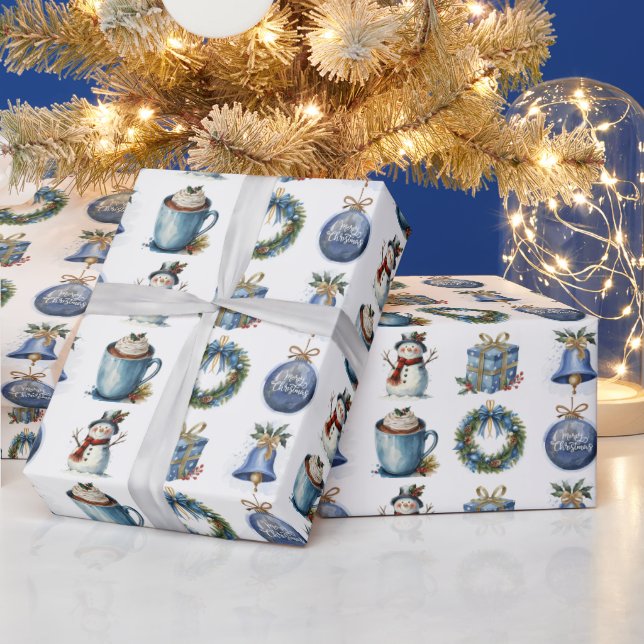 Watercolor Christmas Fun On White Wrapping Paper (Holidays)