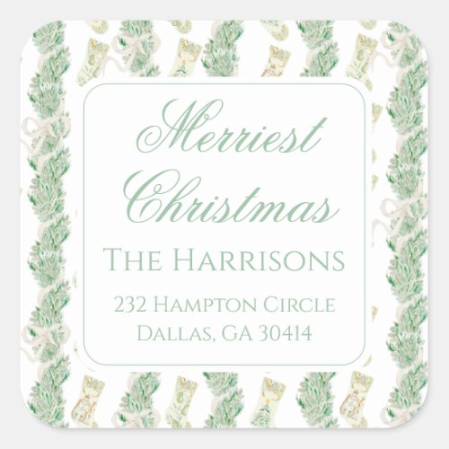 Watercolor Christmas Garland Bedford Stockings Square Sticker