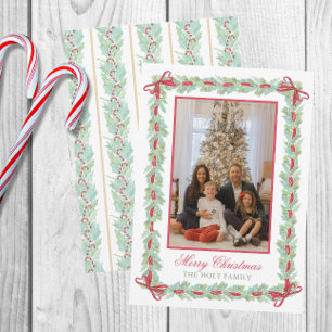 Watercolor Christmas Garland, Bows & Candy Photo Holiday Card