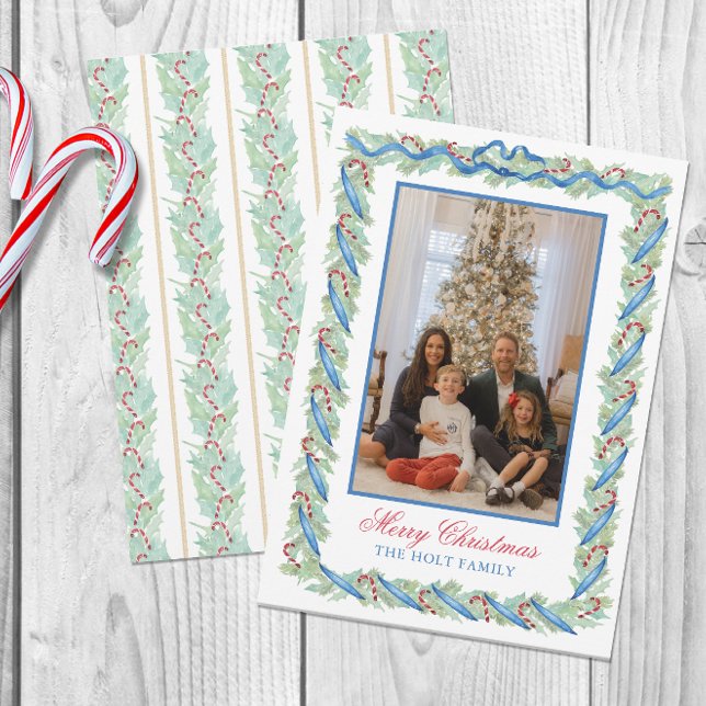 Watercolor Christmas Garland & Candy Canes Photo Holiday Card (Creator Uploaded)