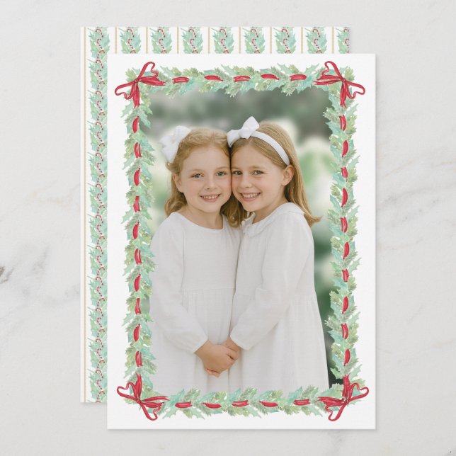 Watercolor Christmas Garland Nutcracker Two Photo Holiday Card (Front/Back)