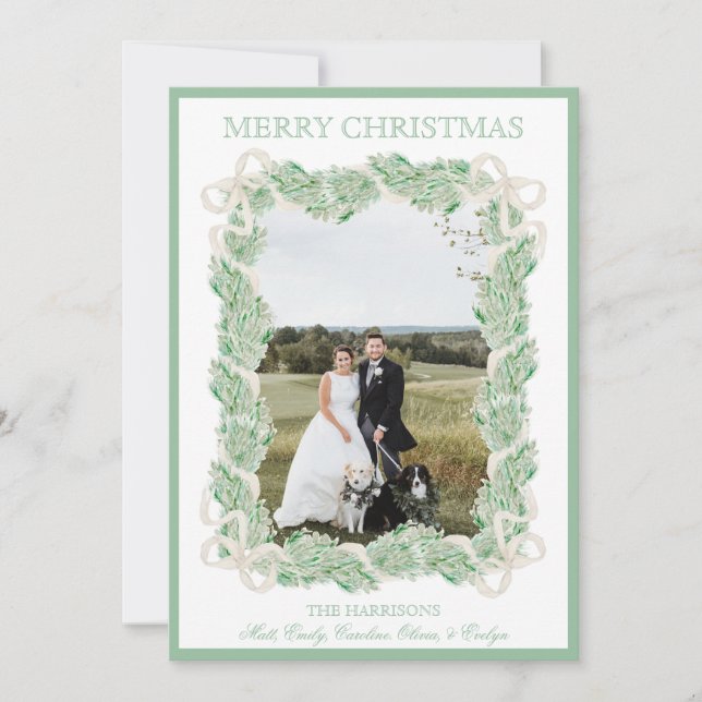 Watercolor Christmas Garland Stocking Three Photos Holiday Card (Front)
