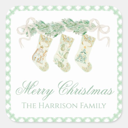 Watercolor Christmas Garland Stockings Vintage Square Sticker