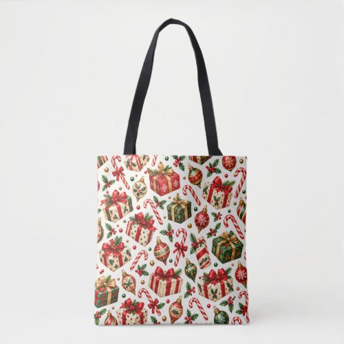 Watercolor Christmas Gifts and Ornaments Pattern Tote Bag