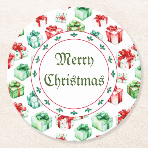 Watercolor Christmas Gifts Decorative Round Paper Coaster