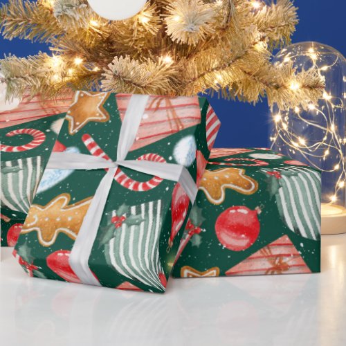 Watercolor Christmas gifts gingerbread candy cane  Wrapping Paper