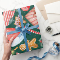 Watercolor Gingerbread Candy Cane Christmas Wrapping Paper, Zazzle